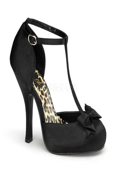 Black Satin Fabric Bow Tie Accent T Strap High Heels