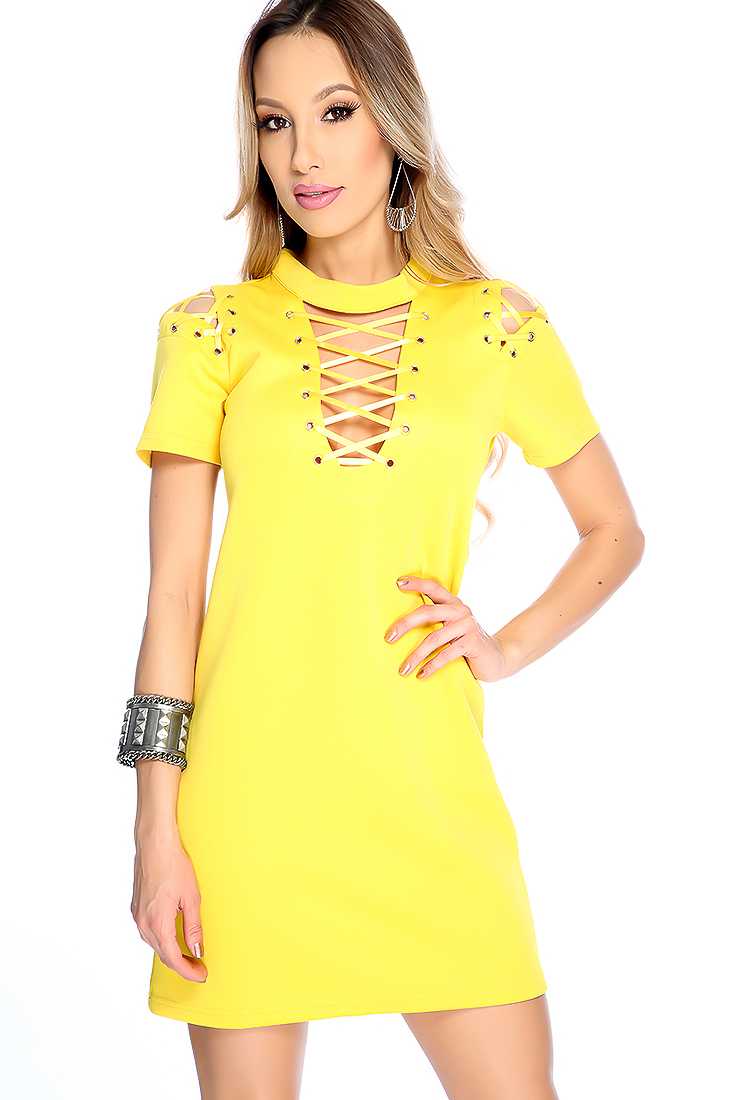 Sexy Marigold Lace Up Short Sleeve Party Club Dress