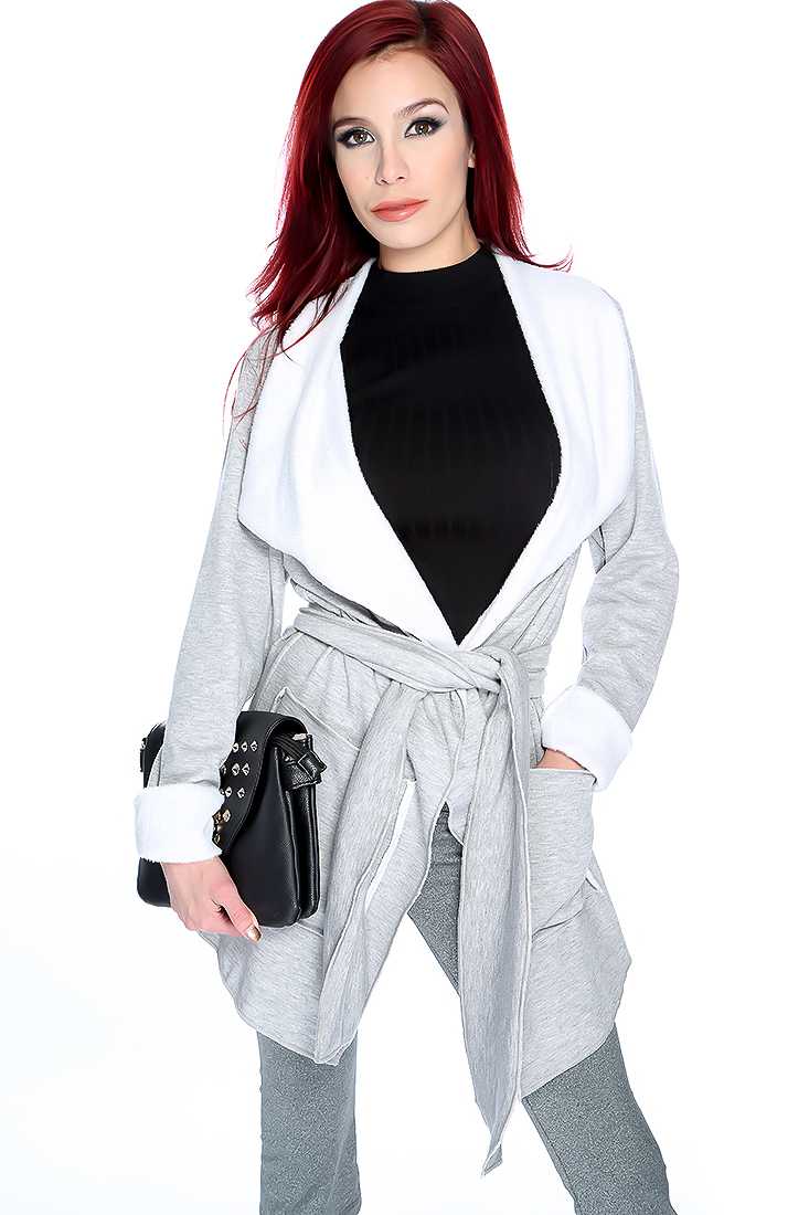 Grey Folded Collar Waist Tie Sweater