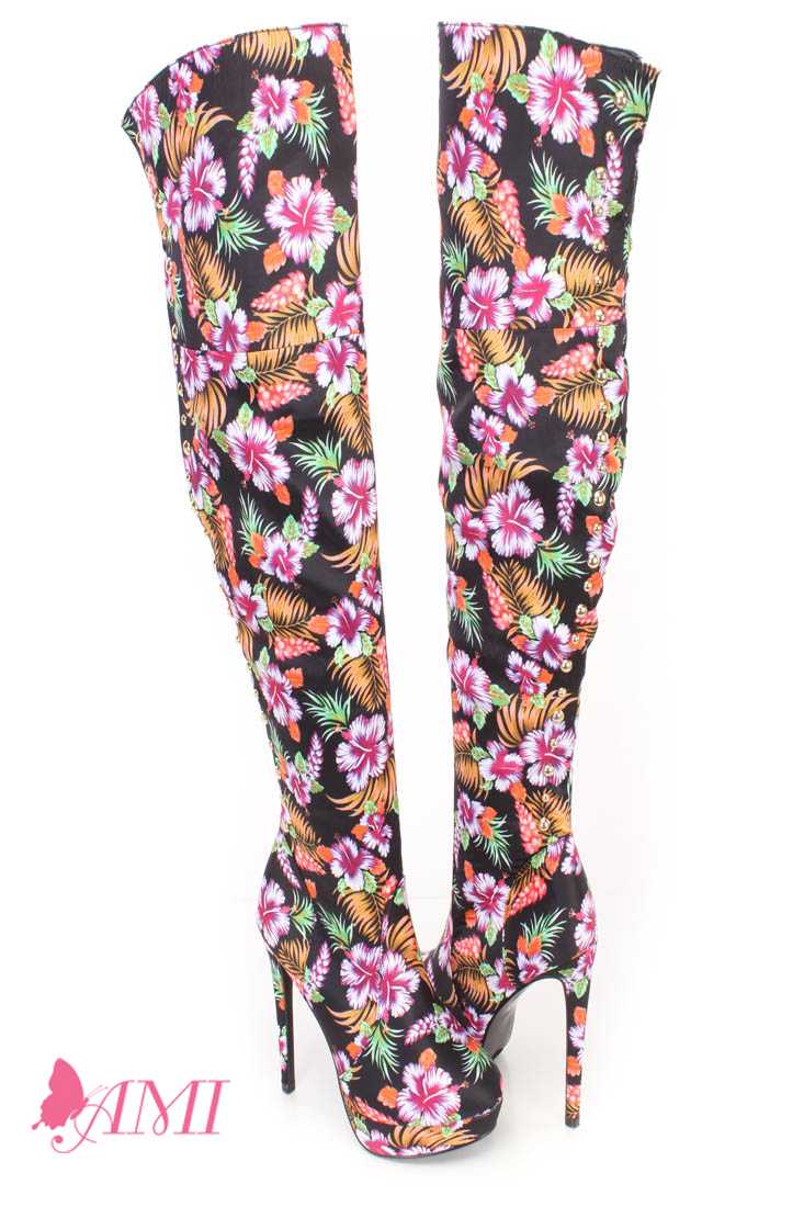 Pink Floral Print Thigh High Heel Boots Fabric