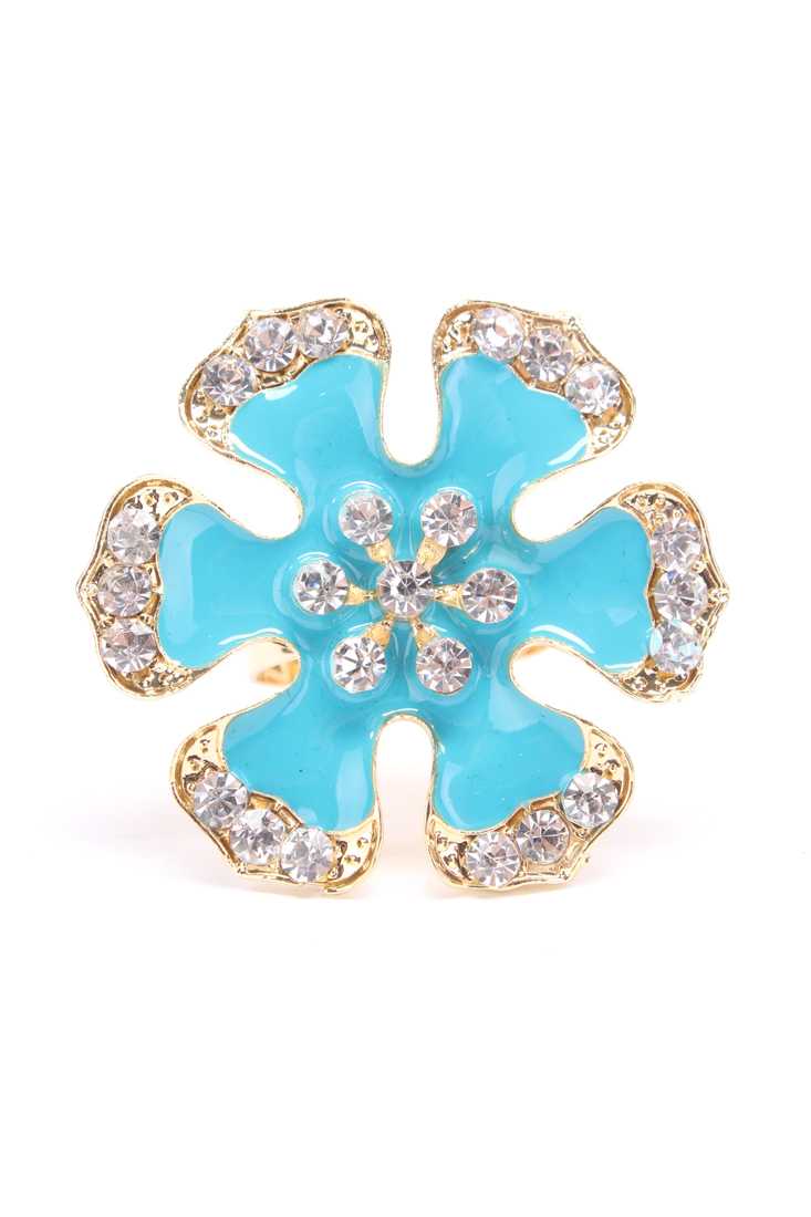 Gold Turquoise Faux Diamond Petal Outlined High Polish Flower Ring