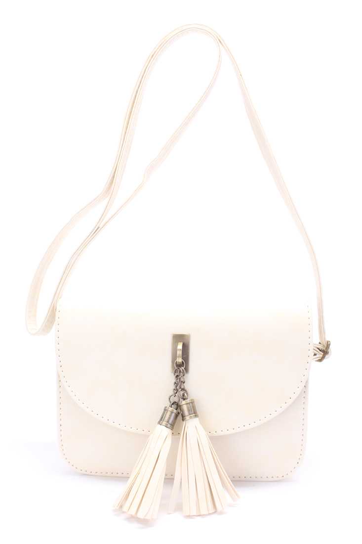 Ivory Adjustable Shoulder Strap Tassel Accent Antique Metal Detailing Cute Faux Leather Handbag