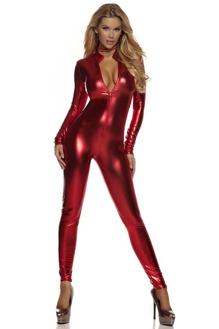 Metallic Red Long Sleeves Sexy Catsuit Costume
