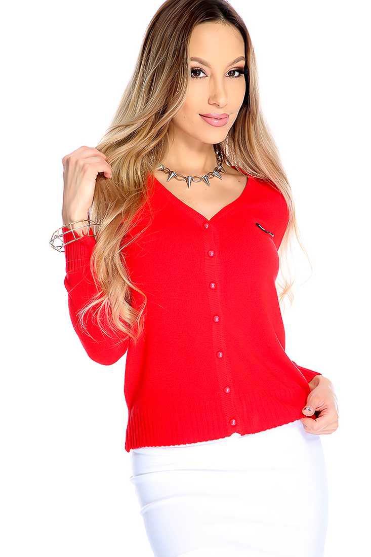Red Button Up Heart Patch Cardigan