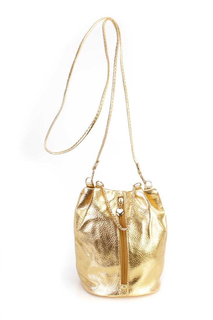Gold Crinkle Faux Leather Bucket Handbag