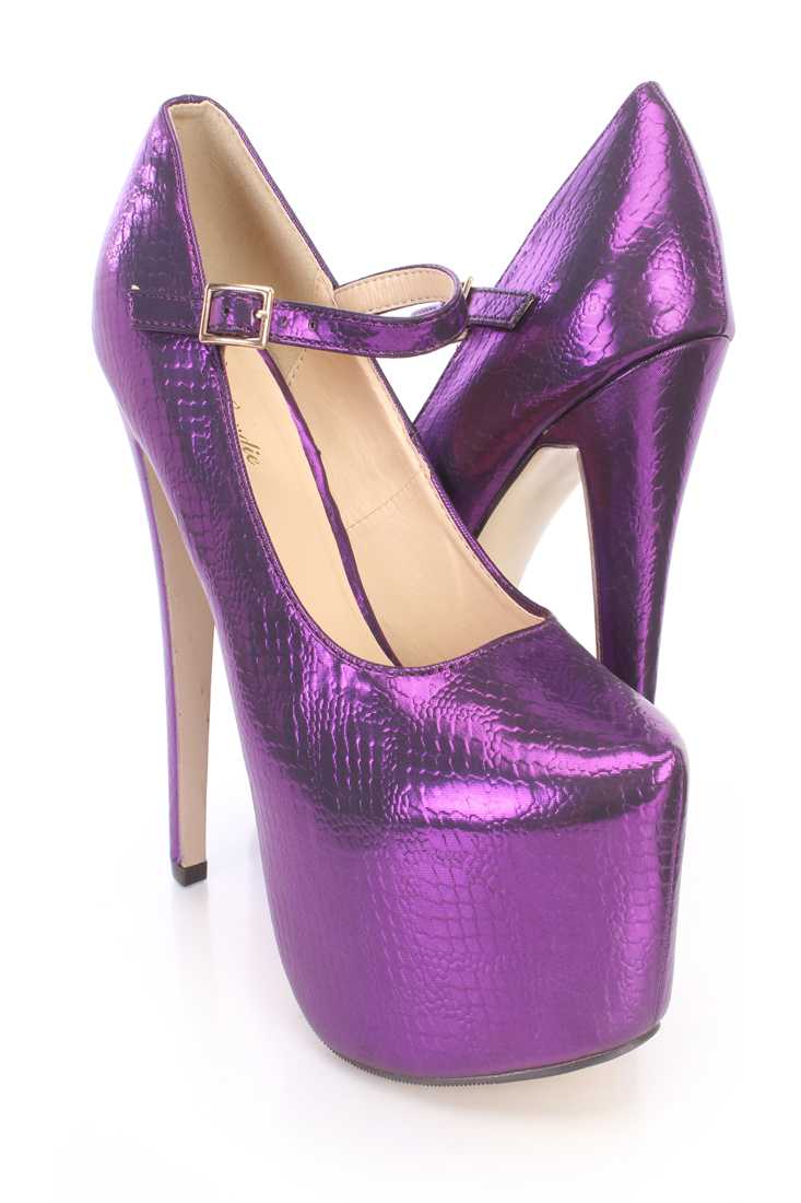 Purple Snake Imprint Mary Jane Platform High Heels Fabric