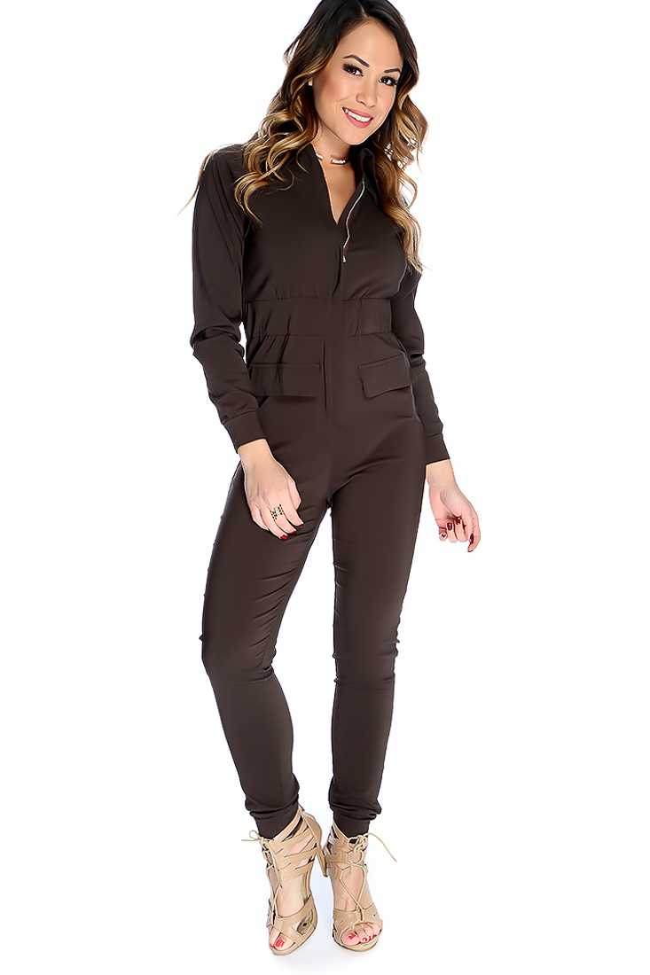 Sexy Dark Brown Long Sleeves Front Zipper Closure Jumpsuit