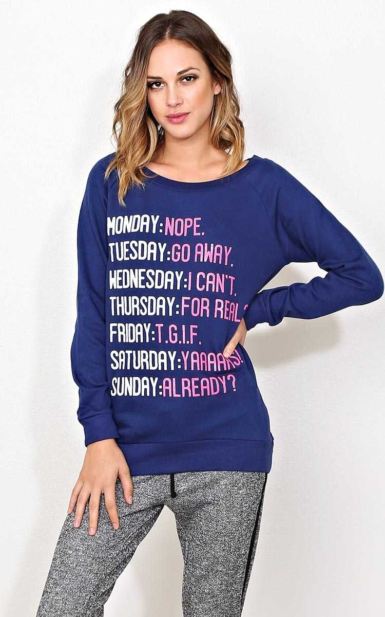 Weekly Sayings Fleece Pullover - - Navy in Size by Styles For Less