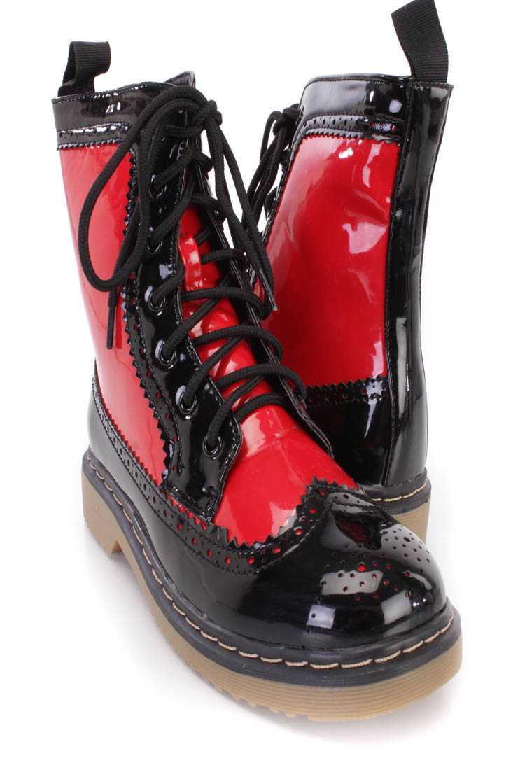 Red Two Tone Wing Tipped Toe Combat Boots Faux Leather