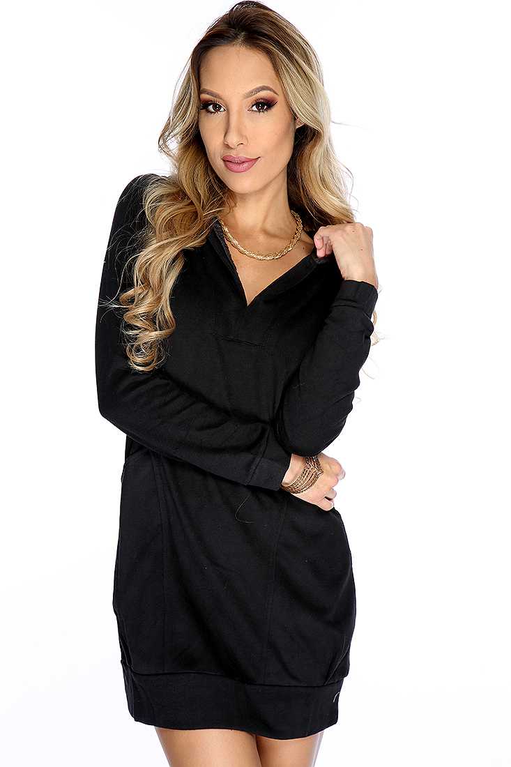 Black Hooded Long Sleeve Sweater Dress