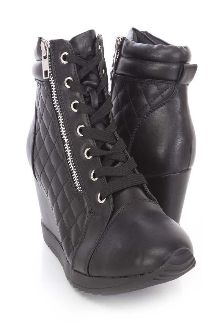 Black Quilted Sneaker Wedges Faux Leather