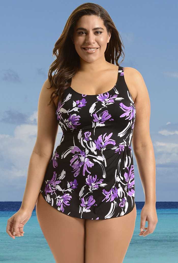 Purple Abstact Floral Scoop Neck Sarong Swimsuit