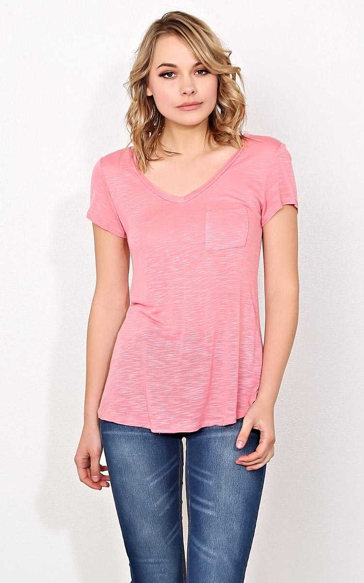 Salmon V Neck Pocket Tee - - Salmon in Size by Styles For Less