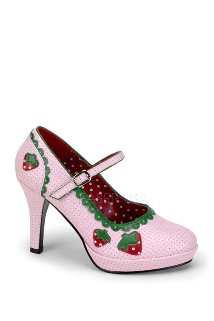Baby Pink Strawberry Maryjane High Heels Faux Leather