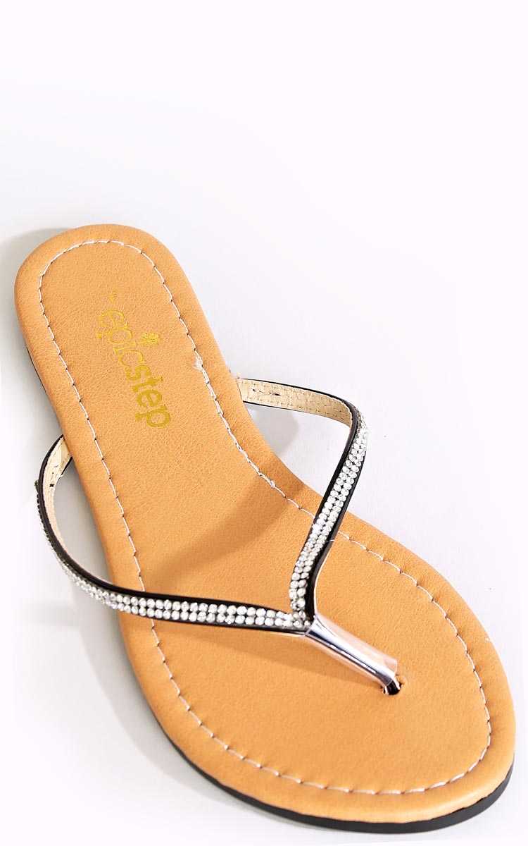 Rhinestone Thin Band Thong Sandal - Black in Size by Styles For Less