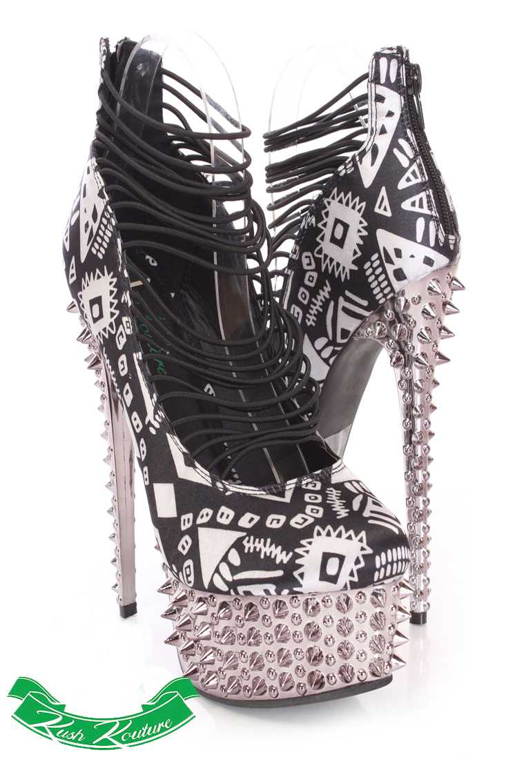 Black White Printed Strappy High Heels Satin