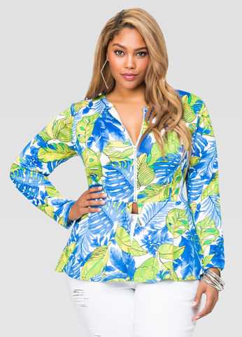 Leaf Print Scuba Peplum Jacket