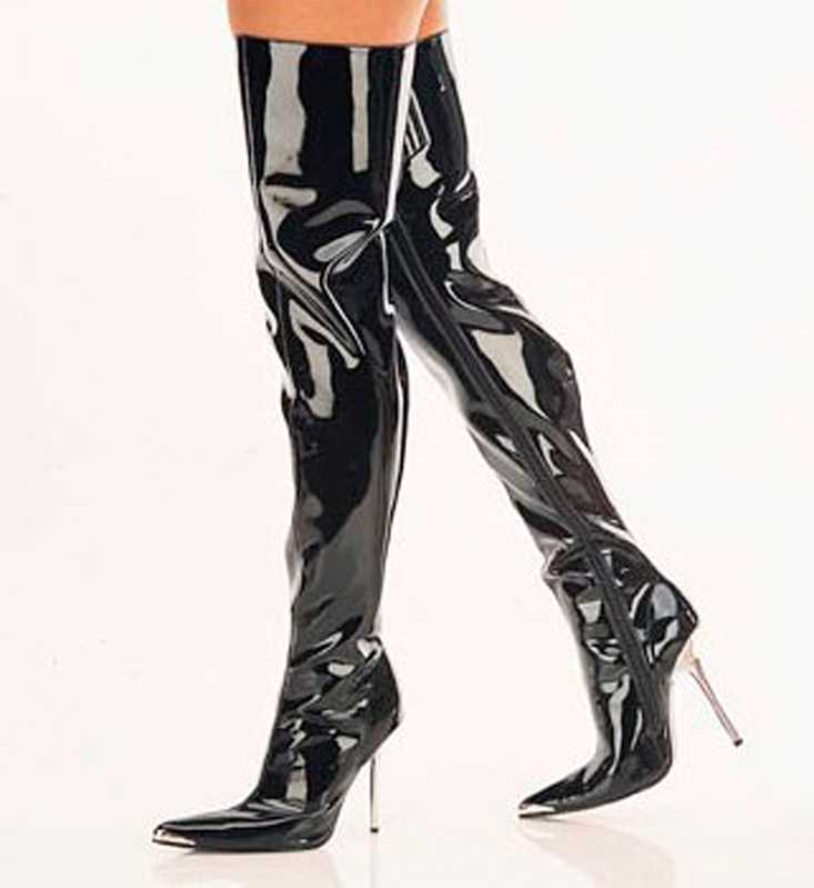 Black Thigh High Pointy Toe Boots Patent