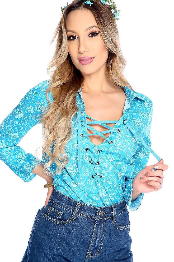 Turquoise Floral Print Lace Up Long Sleeve Casual Top