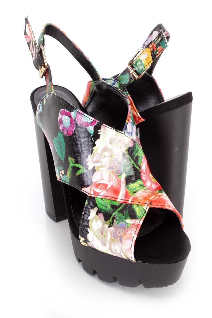 Black Floral Print Cut Out Chunky High Heels Fabric