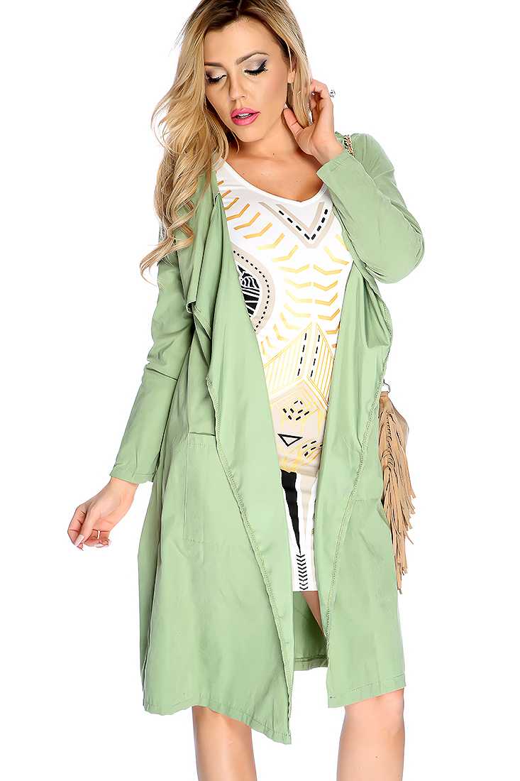 Light Olive Long Sleeves Open Front Pockets Jacket