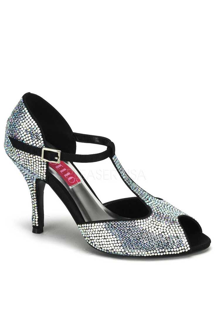 Iridescent Rhinestone T Strap Peep Toe High Heels Satin