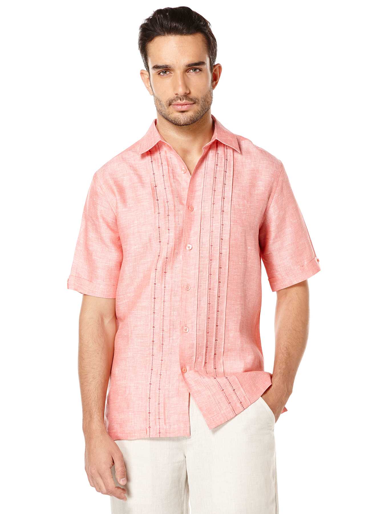 Cubavera 100% Linen Short Sleeve Ombre Geo Embroidered Shirt