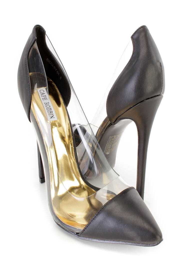 Black Pointed Toe Single Sole Pump Heels Faux Leather
