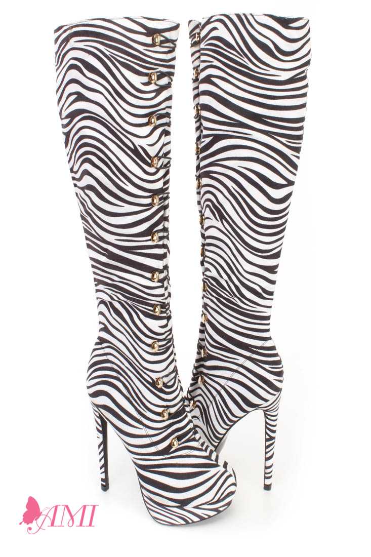 Zebra Hook Loop High Heel Boots Faux Suede