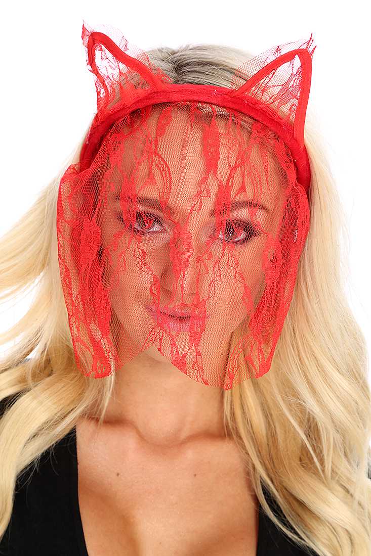 Red Sheer Floral Lace Top Ear Veil Headband