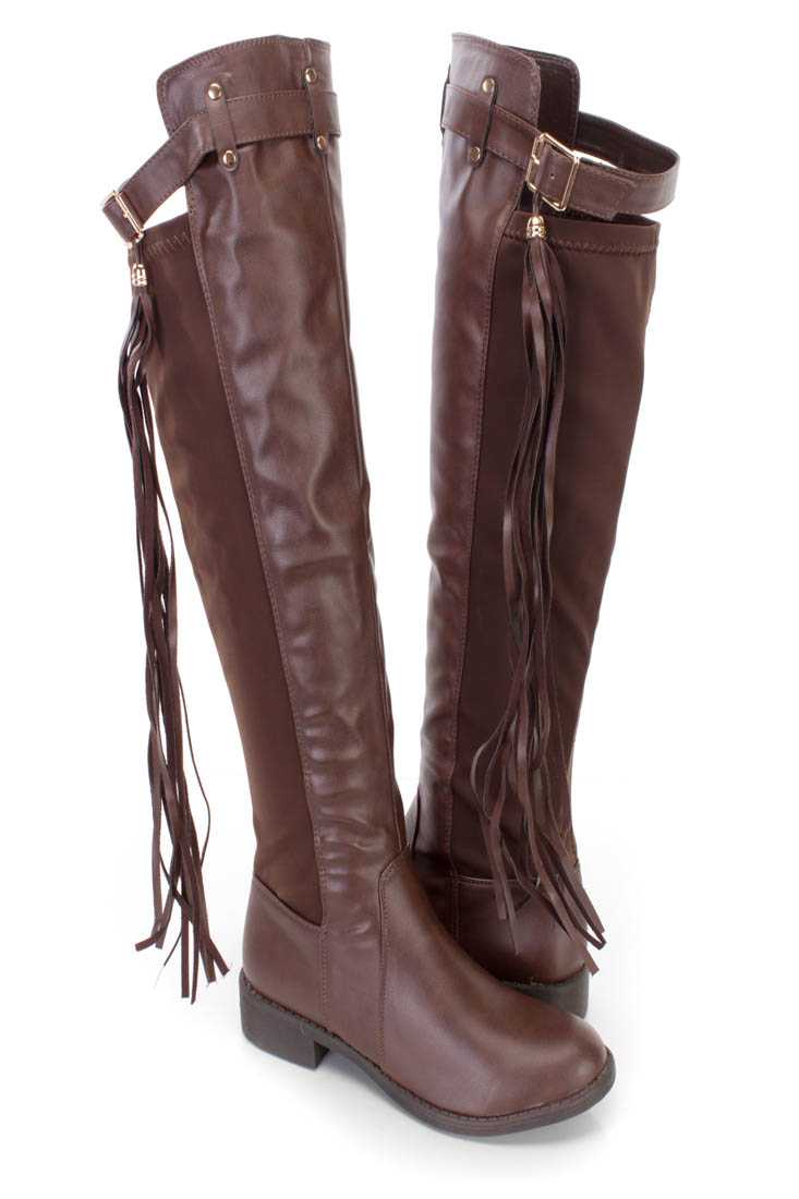 Brown Knee High Fringe Accent Riding Flat Boots Faux Leather