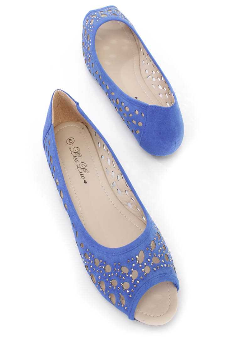 Royal Blue Perforated Rhinestone Peep Toe Flats Faux Suede