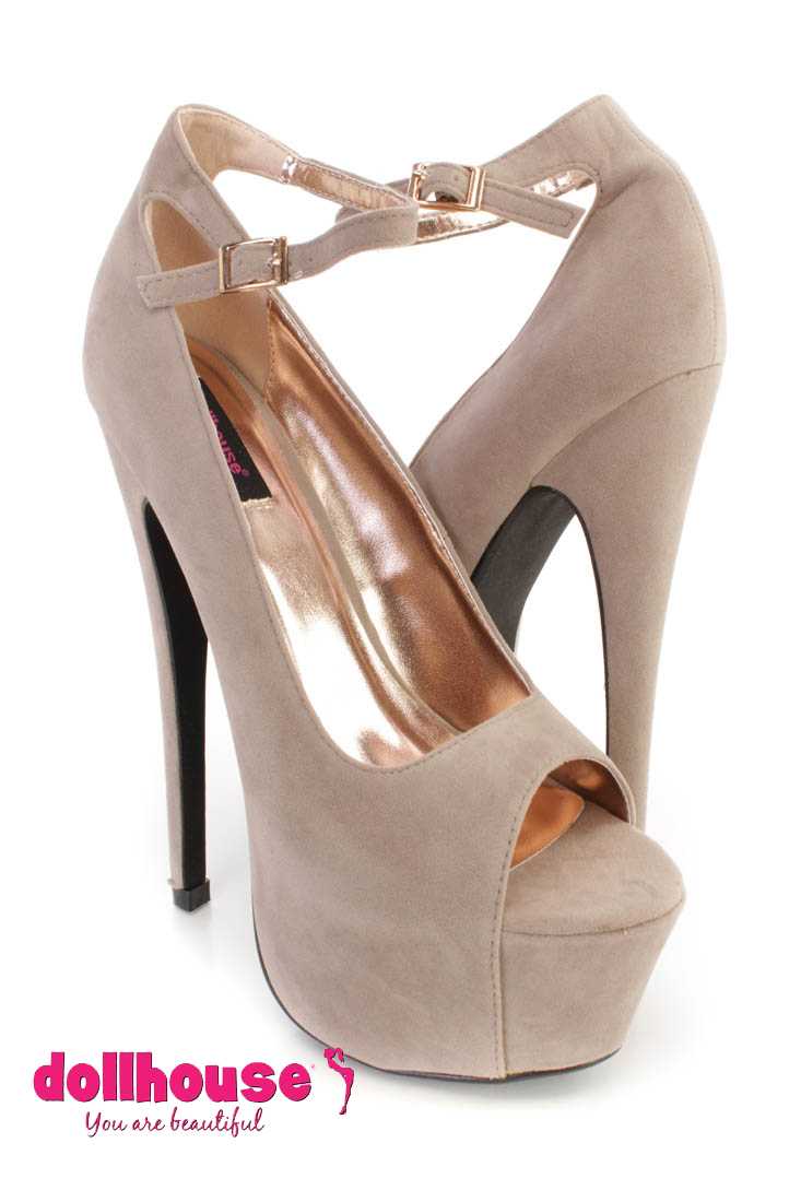 Taupe Ankle Strap Peep Toe 6 Inch High Heels Faux Suede