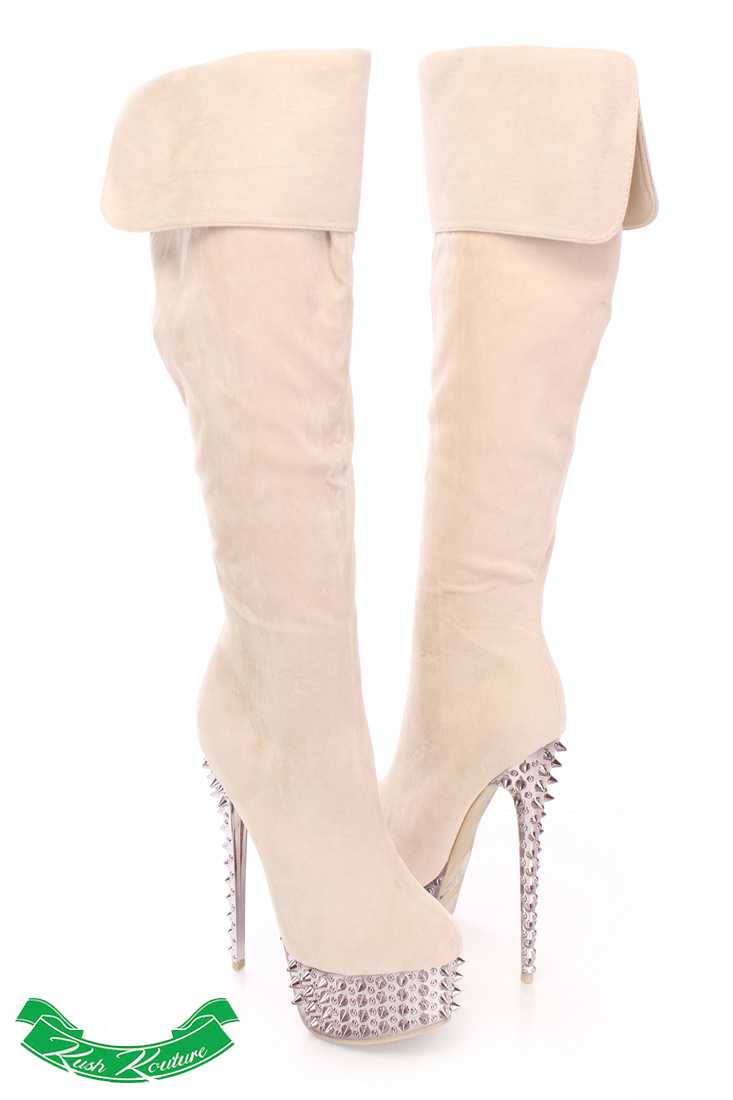 Nude Spiked Knee High Boots Faux Suede