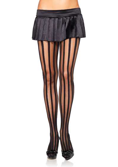 Black Sheer Opaque Vertical Stripes Pantyhose Hosiery