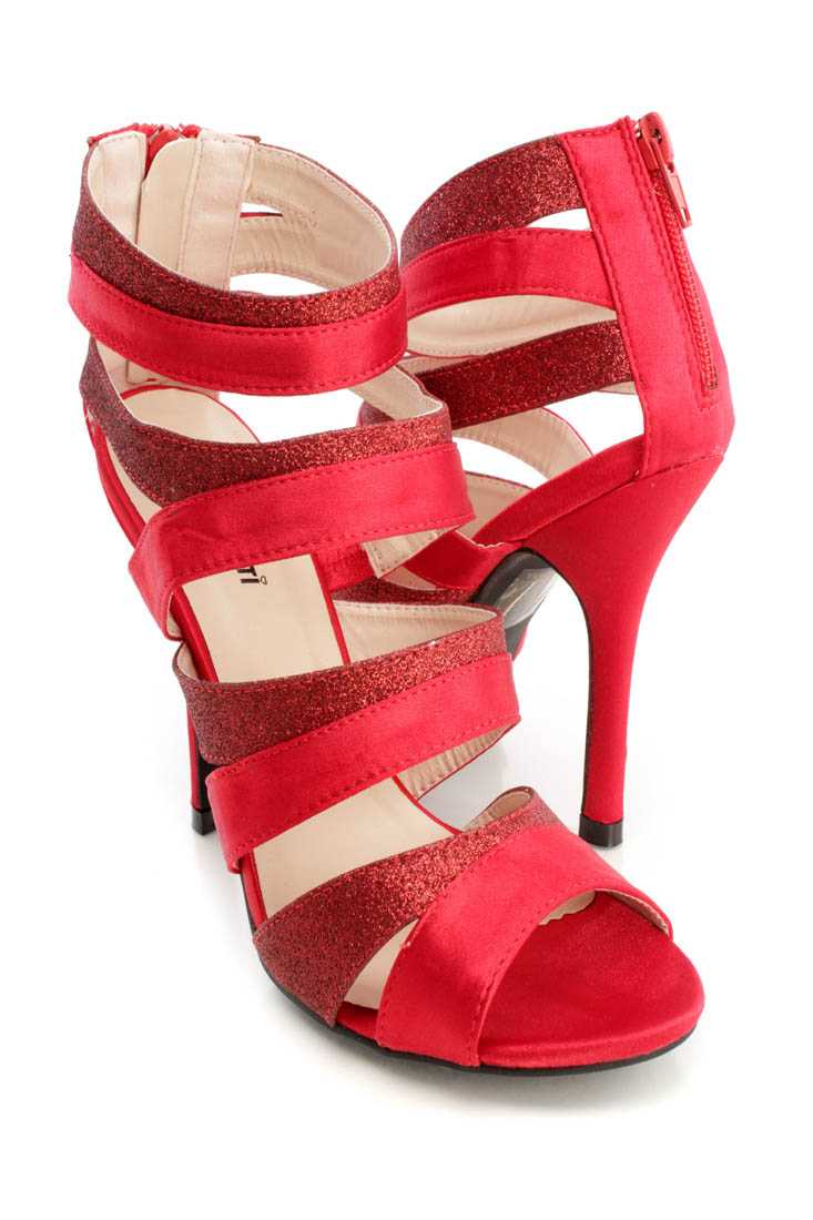 Red Glitter Strappy Ankle Booties Satin