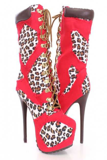 Red Brown Lace Up Platform Boots Canvas Fabric