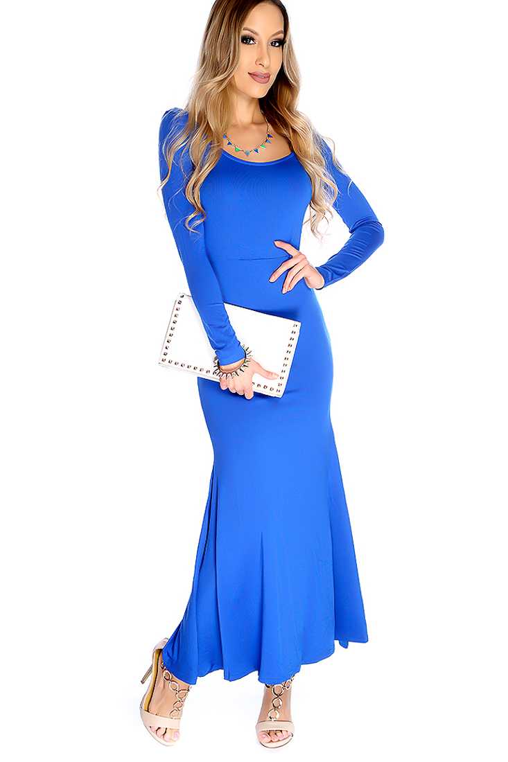 Sexy Royal Blue Long Sleeve Low Back Bodycon Maxi Dress