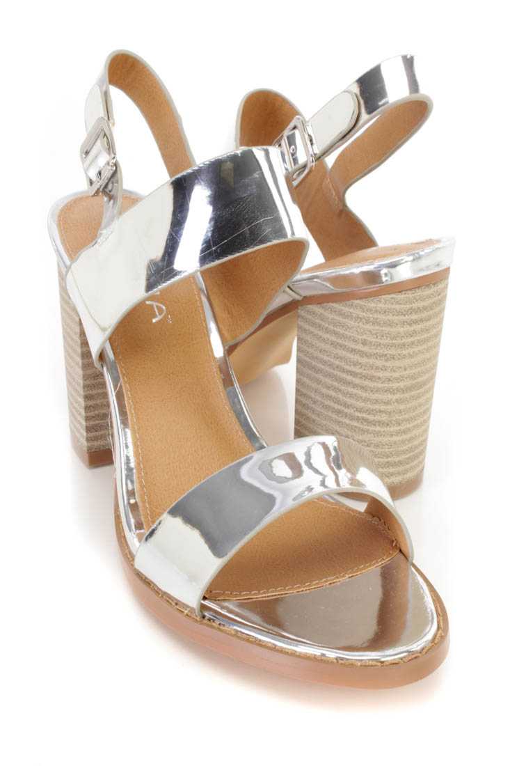 Silver Open Toe Chunky Heel Sandal Heels Patent Faux Leather