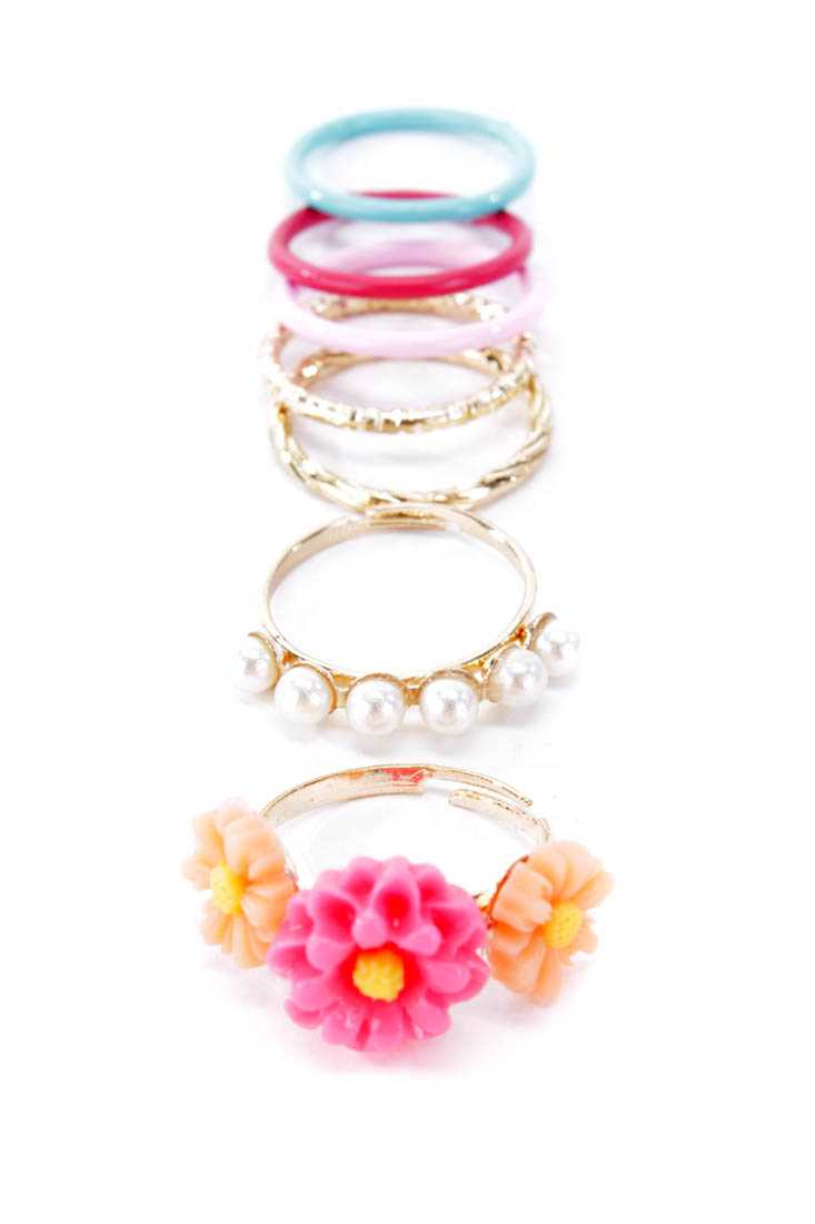 Fuchsia Gold Flower Pearl Detail Colorful Ring Set