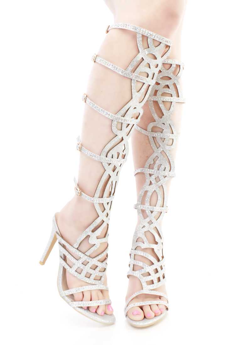Silver Rhinestone Single Sole Gladiator High Heels Glitter