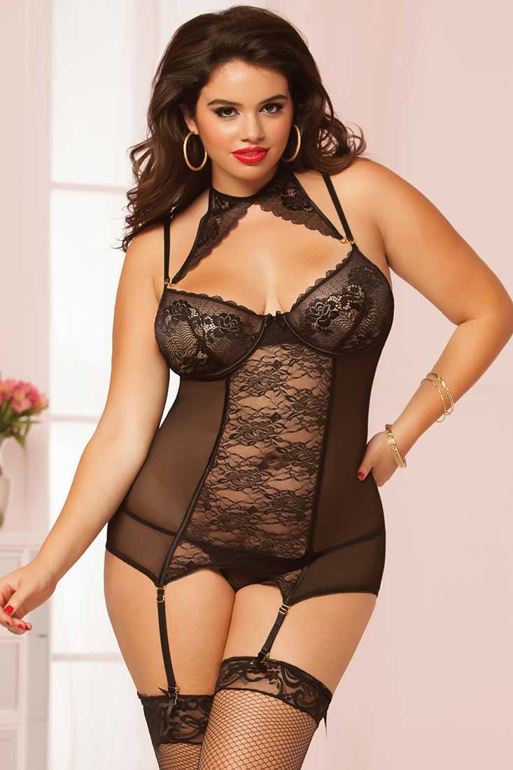Black 3 Piece Lace And Mesh Plus Merrywidow Set