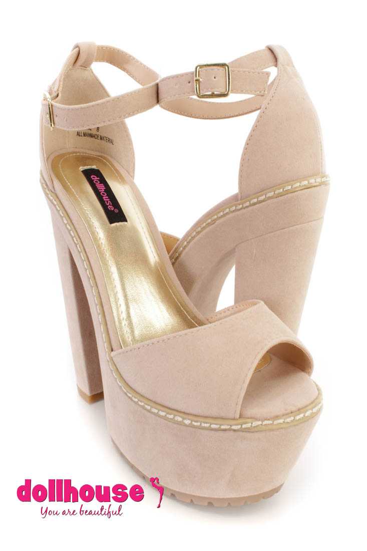 Nude Peep Toe Chunky Platform High Heels Faux Suede