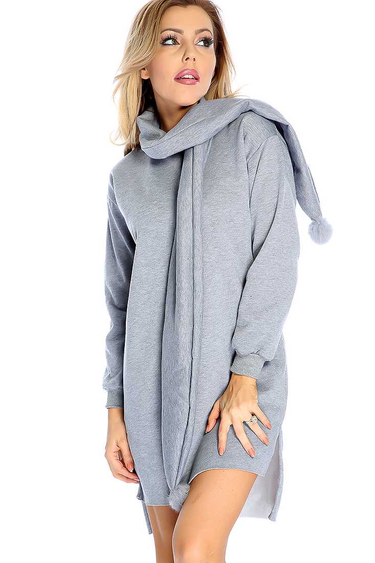 Casual Grey Long Sleeves Scarf Sweater Dress