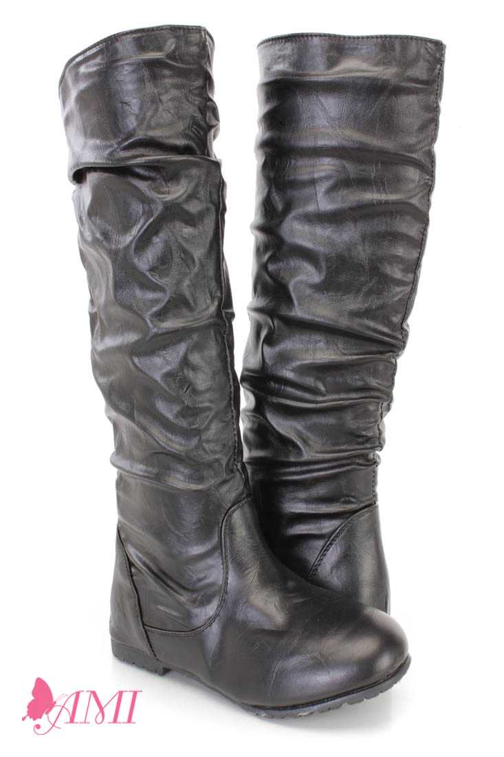 Black Slouchy Mid Calf Casual Boots Faux Leather