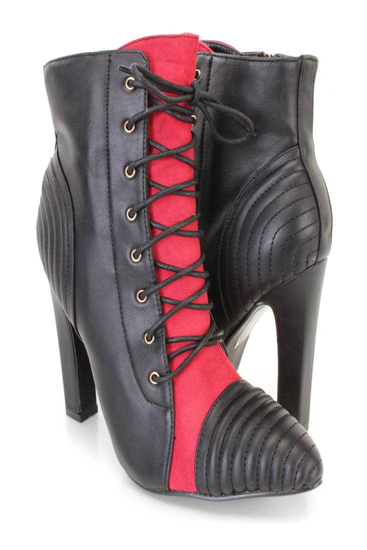 Red Lace Up Pointed Toe Ankle Booties Faux Leather