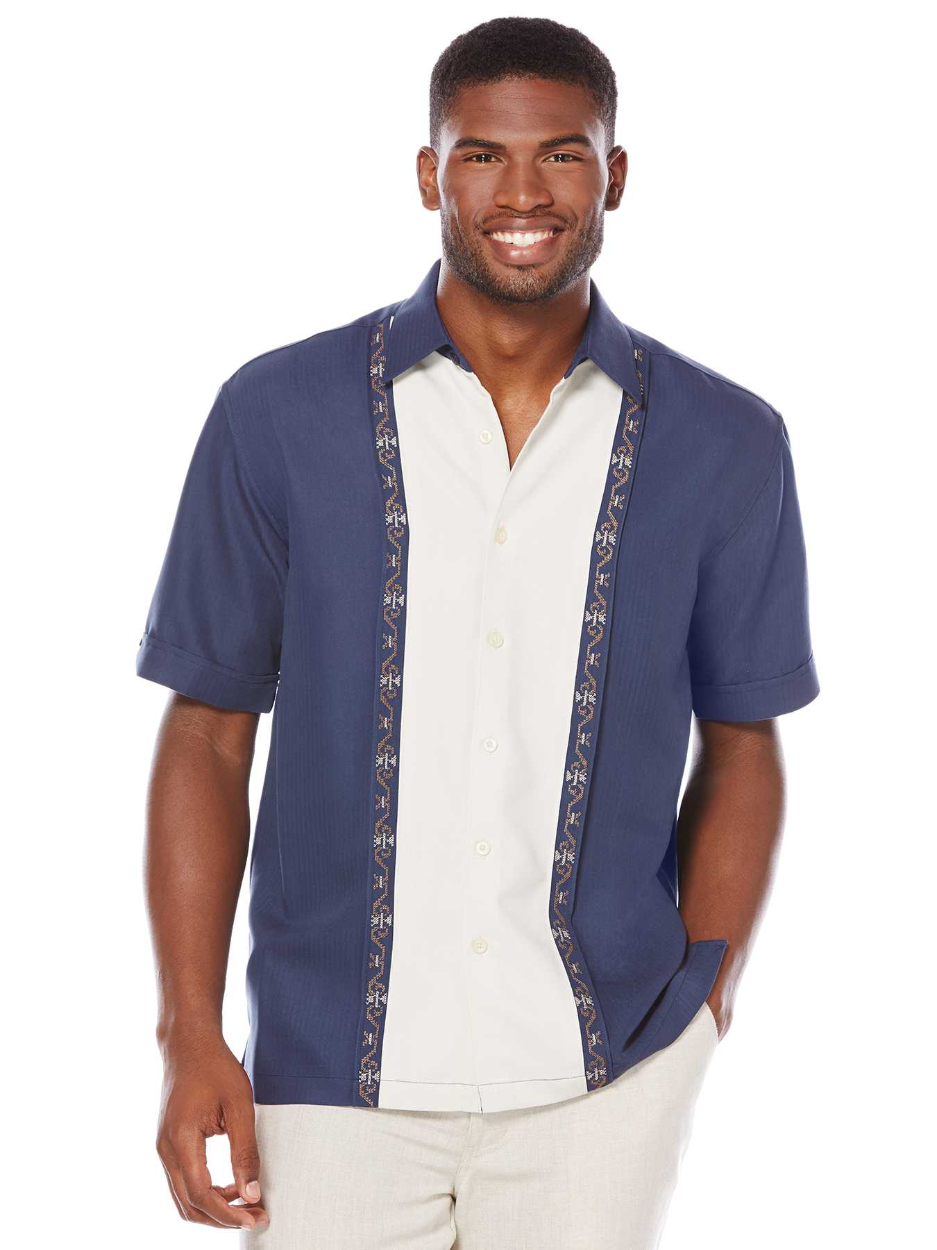 Cubavera Short Sleeve Point Collar Embroidered Shirt