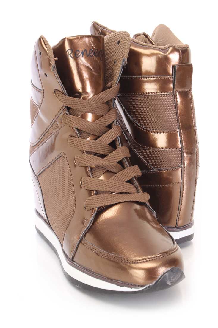 Brown Lace Up Sneaker Wedges Metallic Faux Leather