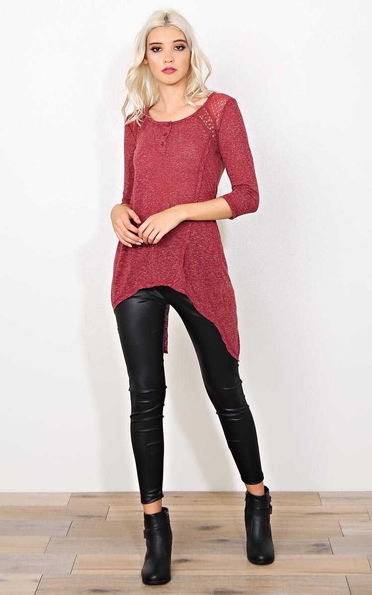 Shining Through Knit Henley - LGE - Wine/Cran in Size Large by Styles For Less