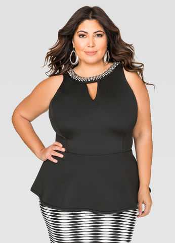 Embellished Neoprene Peplum Top